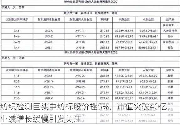 纺织检测巨头中纺标股价挫5%，市值突破40亿，业绩增长缓慢引发关注