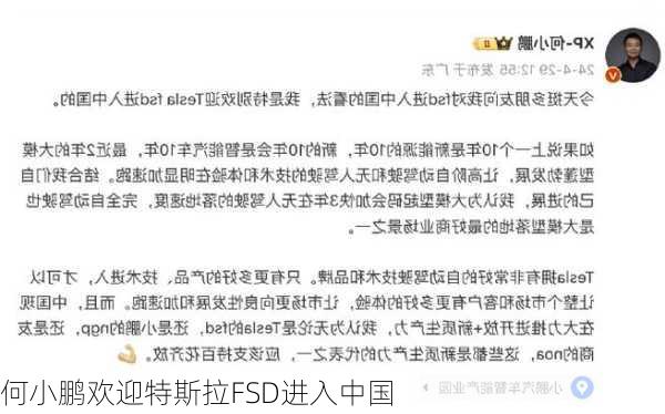 何小鹏欢迎特斯拉FSD进入中国