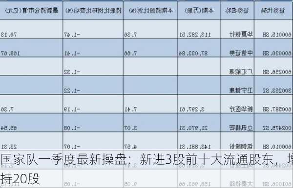 国家队一季度最新操盘：新进3股前十大流通股东，增持20股