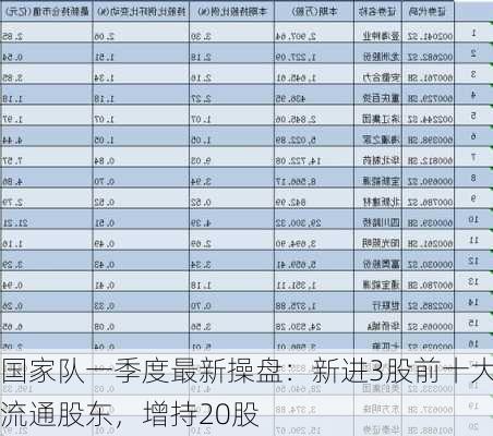 国家队一季度最新操盘：新进3股前十大流通股东，增持20股