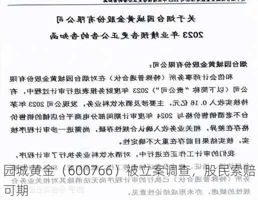 园城黄金（600766）被立案调查，股民索赔可期