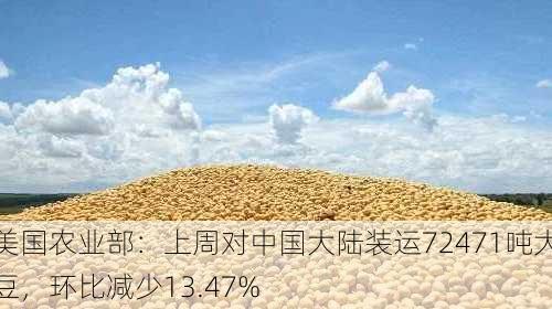 美国农业部：上周对中国大陆装运72471吨大豆，环比减少13.47%