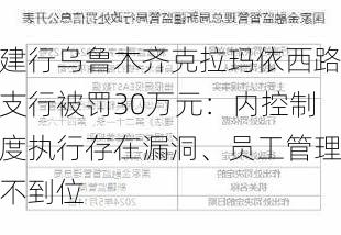 建行乌鲁木齐克拉玛依西路支行被罚30万元：内控制度执行存在漏洞、员工管理不到位