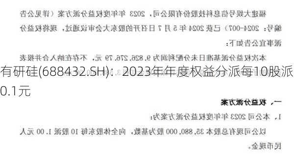 有研硅(688432.SH)：2023年年度权益分派每10股派0.1元