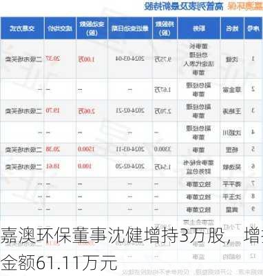 嘉澳环保董事沈健增持3万股，增持金额61.11万元