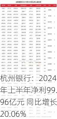 杭州银行：2024年上半年净利99.96亿元 同比增长20.06%