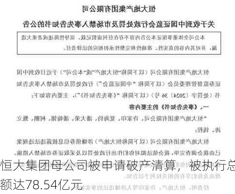 恒大集团母公司被申请破产清算，被执行总金额达78.54亿元