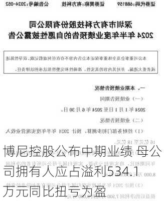 博尼控股公布中期业绩 母公司拥有人应占溢利534.1万元同比扭亏为盈