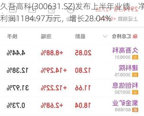 久吾高科(300631.SZ)发布上半年业绩，净利润1184.97万元，增长28.04%