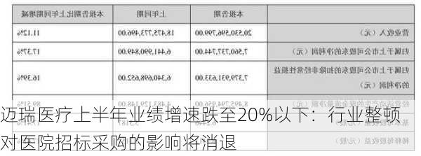 迈瑞医疗上半年业绩增速跌至20%以下：行业整顿对医院招标采购的影响将消退