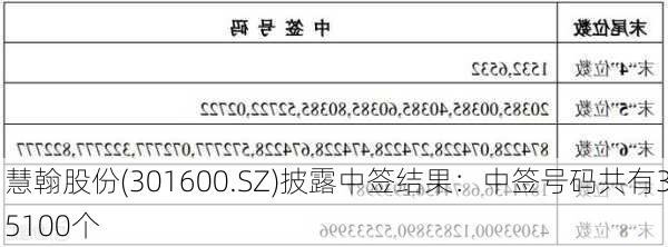 慧翰股份(301600.SZ)披露中签结果：中签号码共有35100个