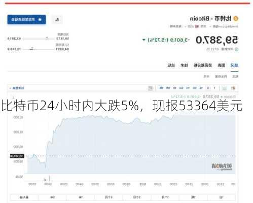 比特币24小时内大跌5%，现报53364美元