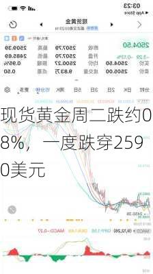 现货黄金周二跌约0.8%，一度跌穿2590美元